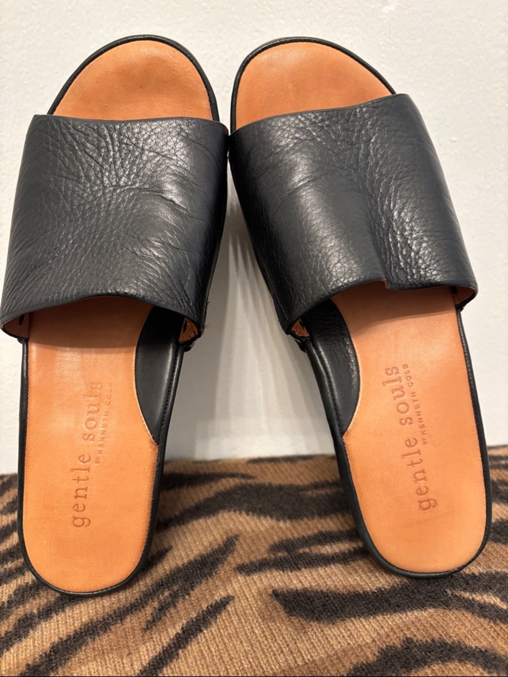 gentle souls Black Leather Slide Sandals with Tan Footbed